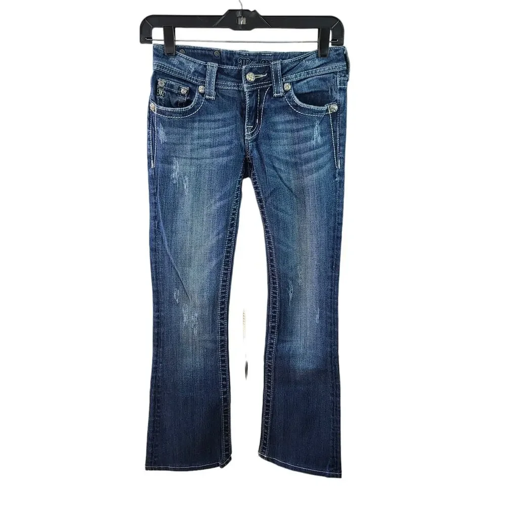 Miss Me Boot Cut Lightly Distressed Jeans Bling Fleur De Lis Pockets 25 x 27